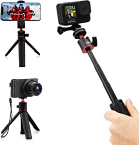 AFAITH Mini Palo de Selfie Trípode Extensible para GoPro y Teléfono Móvil, Selfie Stick Monopié Portátil Ligero Mesa Trípode para GoPro Hero 9/8/7 Black Session dji Osmo Insta 360 Sony RX100 VII