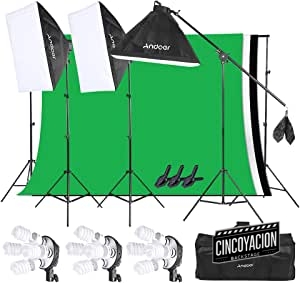 Andoer Iluminación Fotográfica Softbox Kit,Sistema de Montaje de Estudio Fotográfico con 2 * 3 Metros Sistema de Soporte de Fondo 45W 5500k Softbox Iluminación Continua para Fotografía