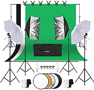 Andoer Kit de Estudio Fotográfico Profesional Set de Estudio con 2 Paraguas de Luz Suave 2 Softbox Reflector 5 en 1, 3 Fondo de Algodón Lavable 6 Clips 45W Luz y Conjunto de Soporte 2x3m