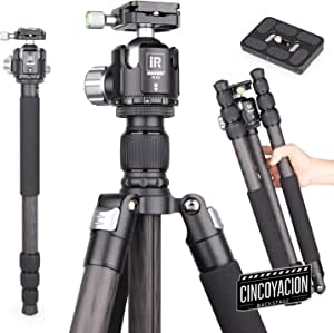 INNOREL RT75C Traveler 2-en-1 Kit Trípode 172cm/67,7pulgadas Trípodes Monopies de Viaje, 4 Secciones, Tubo Máximo 29mm, Carga Máxima 20kg, con Columna Central/N44 Cabeza de Bola/Bolsa(RT75C+N44)