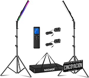 Neewer 2,4G RGB LED Luz Palo, 2 Pack Kit de Iluminación para Fotografía con Control Remoto, 21W Regulable 3200k~5600K / CRI95 + / 360° a Todo Color / 10 Efectos de Escena con Soporte y Bolsa