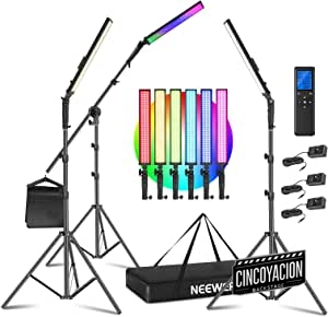 Neewer 2,4G RGB LED Palo de Luz, 3-Pack Kit de Iluminación para Fotografía con Control Remoto, 21W Regulable 3200k ~ 5600K / CRI95 + / 360° a Todo Color / 10 Efectos con Soporte de Escena con Soporte
