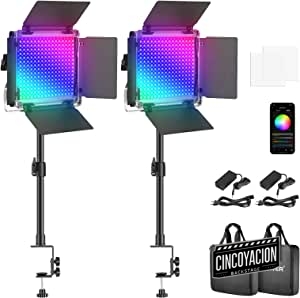 Neewer 2-Pack 660PRO RGB LED Video Luz con Control de Aplicación, 360° a Todo Color, Kit de Iluminación de Video 50W con Soporte de Clip de Mesa, CRI 97+ para Juegos, Transmisión Zoom Fotografía
