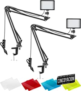 Neewer 2 Pack Luz de Video LED USB Regulable de 5600K con Abrazadera de Escritorio Brazo de Suspensión Soporte de Brazo de Tijera y Adaptador de Cabeza de Bola Filtros de Color