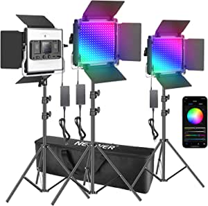 Neewer 3 Packs Luz LED RGB 480 con Control Aplicación Kit Iluminación Video y Fotografía con Soportes y Bolsa 480 LED SMD CRI92 3200K-5600K Brillo 0-100% 0-360 Colores Ajustables