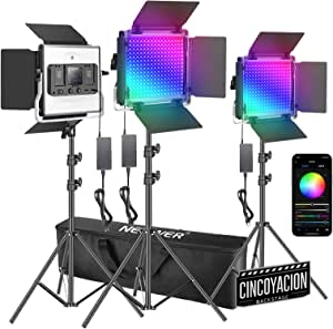 Neewer 3 Packs Luz LED RGB 480 con Control Aplicación Kit Iluminación Video y Fotografía con Soportes y Bolsa 480 LED SMD CRI92 3200K-5600K Brillo 0-100% 0-360 Colores Ajustables