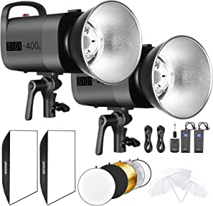 Neewer 800W Iluminación de Flash Estroboscópico Kit: (2)S101 400W 5600K Monolight con Montura Bowens (2)Softbox, (1)Disparador Inalámbrico RT-16 (2)Paraguas (1)Reflector para Fotografía