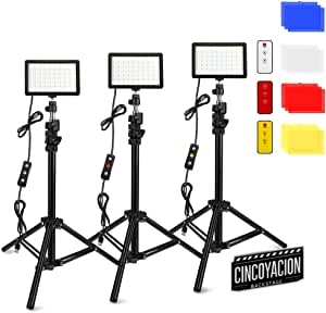 Obeamiu 3 luces LED vídeo con soporte ajustable trípode, color filtros, 5600K USB iluminación estudio para tableta/disparo ángulo bajo, YouTube