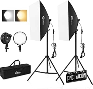 OMBAR Softbox Luz LED Bicolor Regulable y 2 Bombillas de 45 W 2700 K/5500 K, Kit de Iluminación de Fotografía con Bolsa de Transporte para Retrato, Objeto, Fotografía de Moda y Grabación de Vídeo