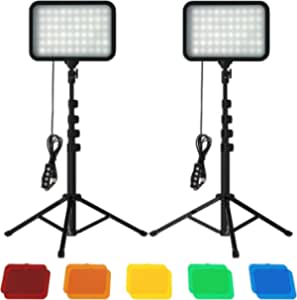 Sporzin Luz LED Video USB con Trípode Ajustable, Iluminacion Fotografia Regulable 3000K-6500k, Foco Fotografia con 5 Filtros de Color para Estudio de Grabación/Fotografía/Videoconferencia (2 Pack)
