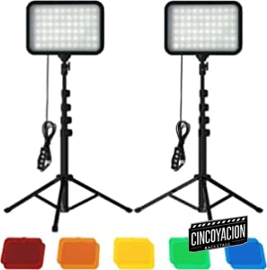 Sporzin Luz LED Video USB con Trípode Ajustable, Iluminacion Fotografia Regulable 3000K-6500k, Foco Fotografia con 5 Filtros de Color para Estudio de Grabación/Fotografía/Videoconferencia (2 Pack)